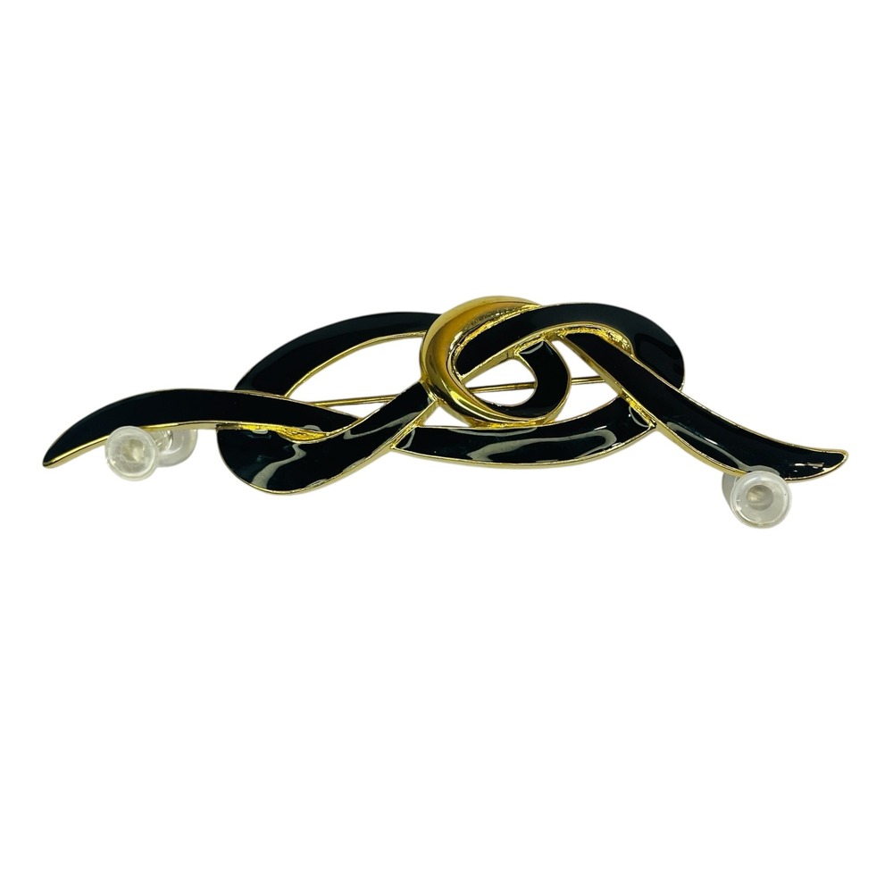 Trifari Vintage Gold Tone Black Enamel Interlocking Swirl Brooch Pin 4 Inch